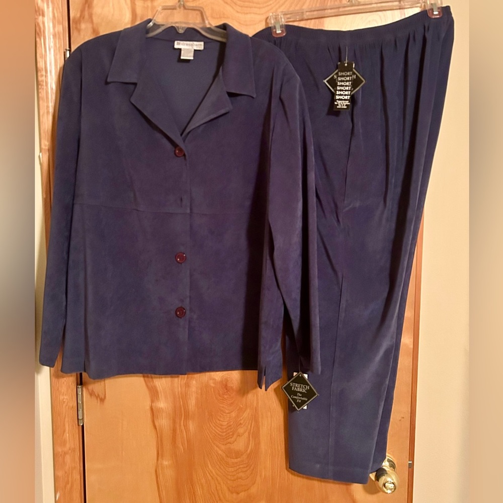 Dressbarn slate blue gray two-piece pantsuit.